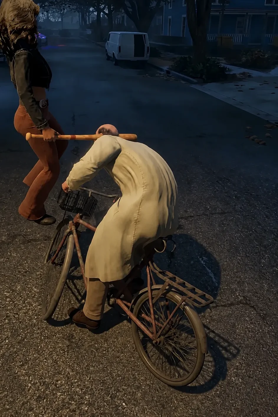 A survivor swings a baseball bat at another player who is climbing onto a bicycle