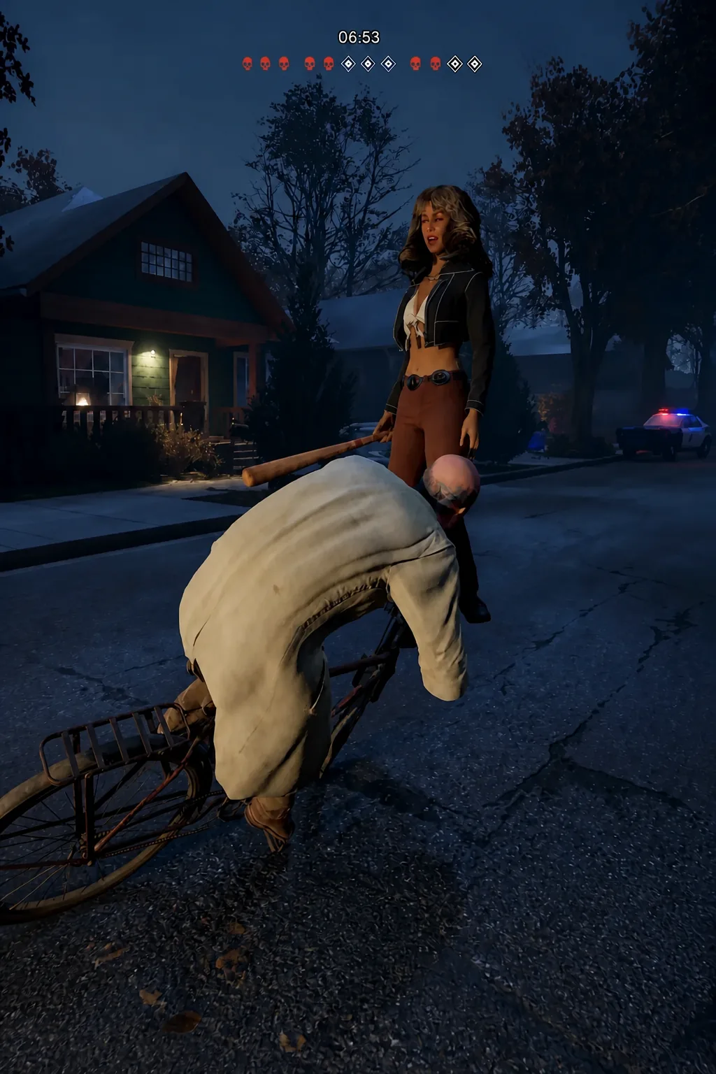 Player crouched over a bicycle in the street as another survivor raises a bat, match timer visible above