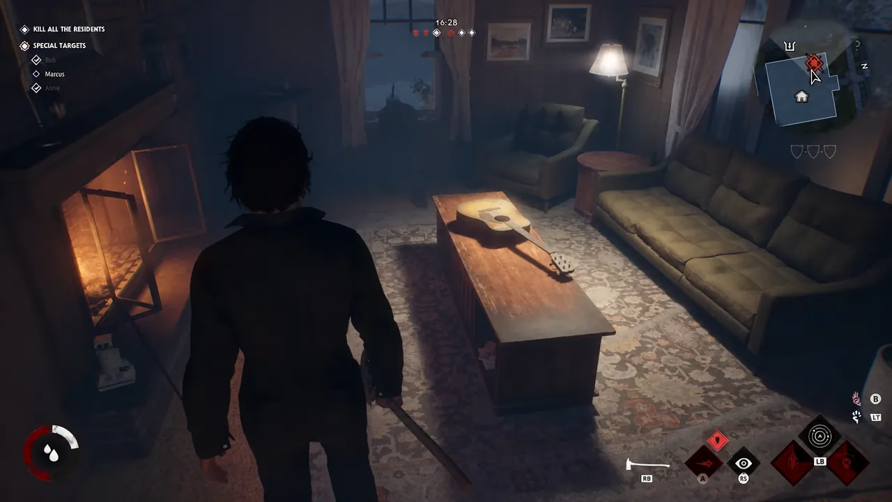 Interior view of a Haddonfield living room with the Kill All the Residents objective on screen
