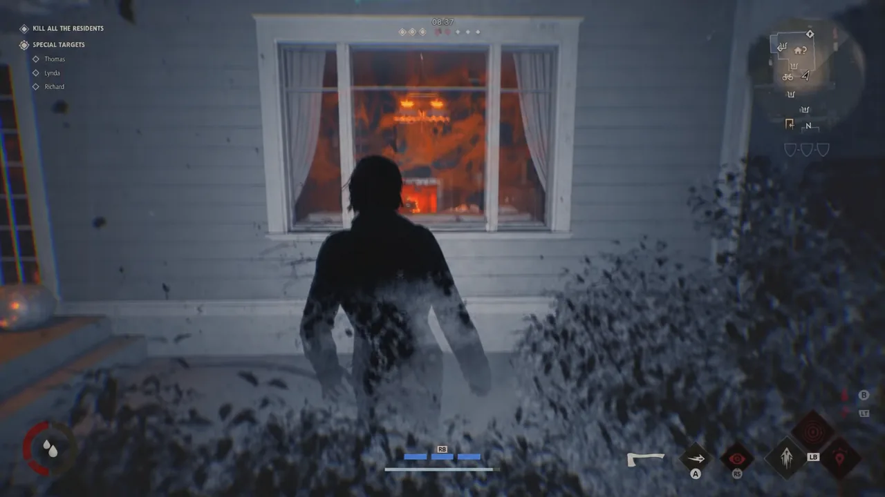 Michael approaches a firelit window at night with the kill all the residents objective on screen