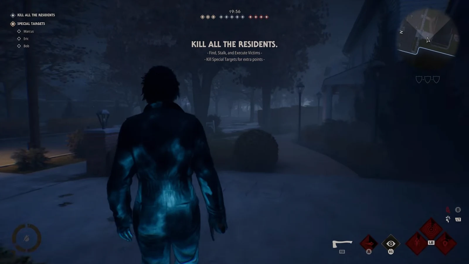 Nighttime courtyard with the special targets list showing Marcus, Eric, and Bob