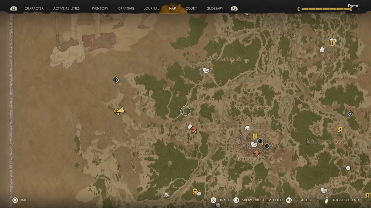 The regional map open in The Blood of Dawnwalker with quest markers shown