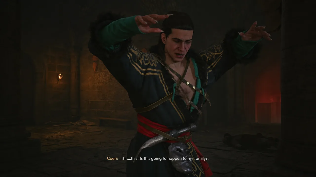Cutscene close-up of Coen reacting during the closing moments of the quest