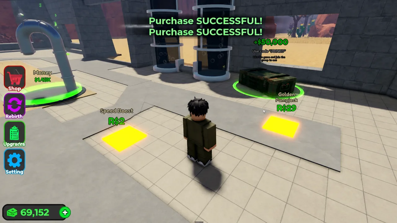 Purchase SUCCESSFUL notification confirming a Golden PumpJack purchase
