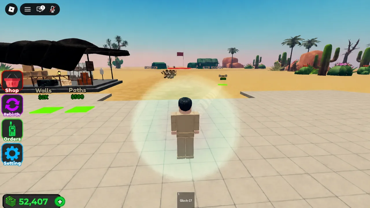 Buying a Barrack, Walls and a Dropper on the tycoon plot with in-game Cash