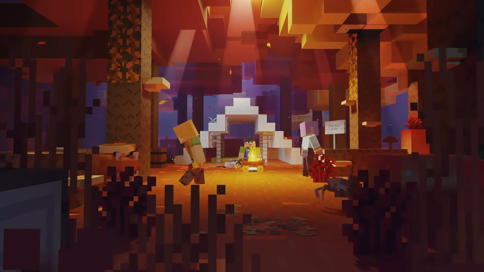 Three players chopping wood and carrying blocks while building a cabin with a white roof