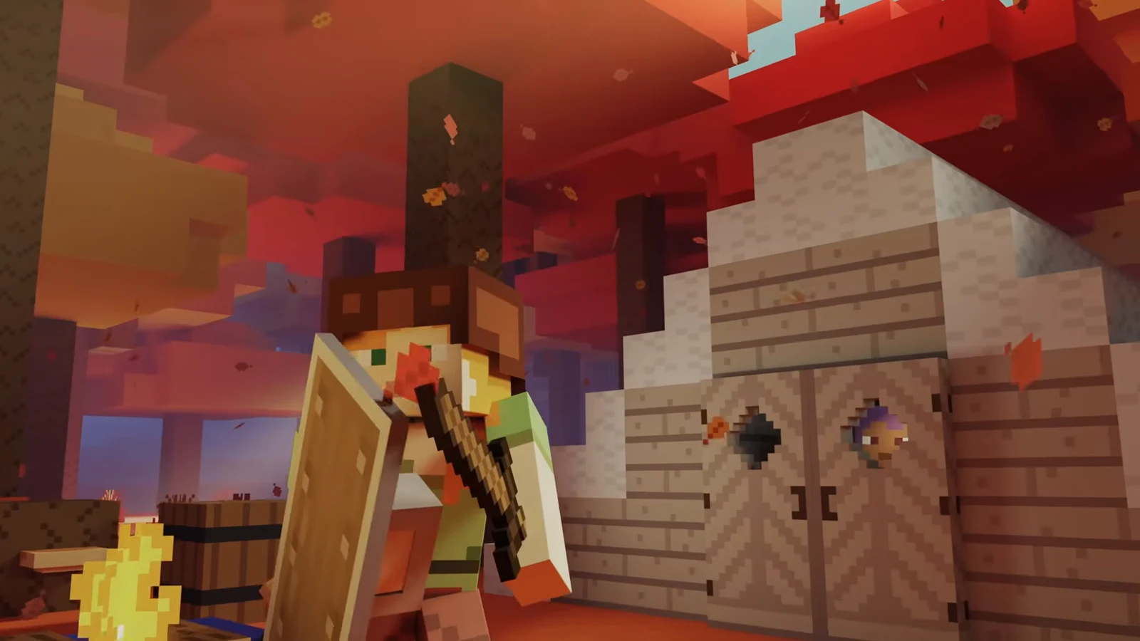 A creeper looking through a window while a player inside holds up a black and white cat