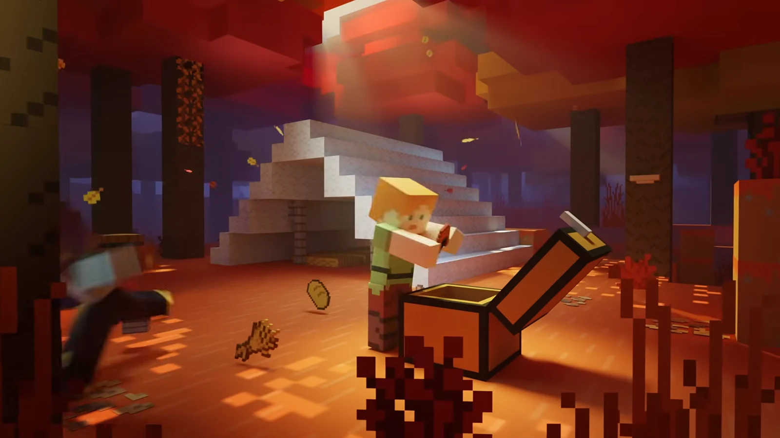 A player pulling a sword out of a chest as mobs approach in the launch trailer