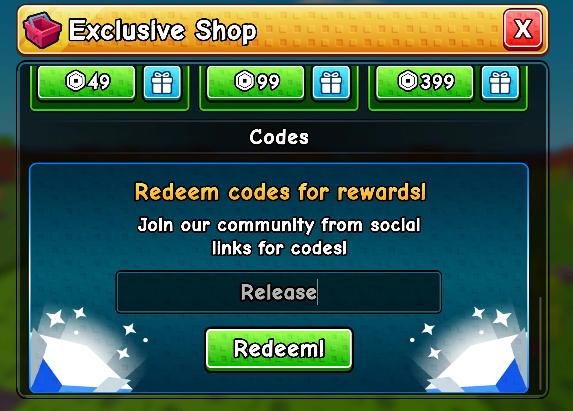 The Codes box at the bottom of the Exclusive Shop in Mini Emergency, with Release typed in and the Redeem button below