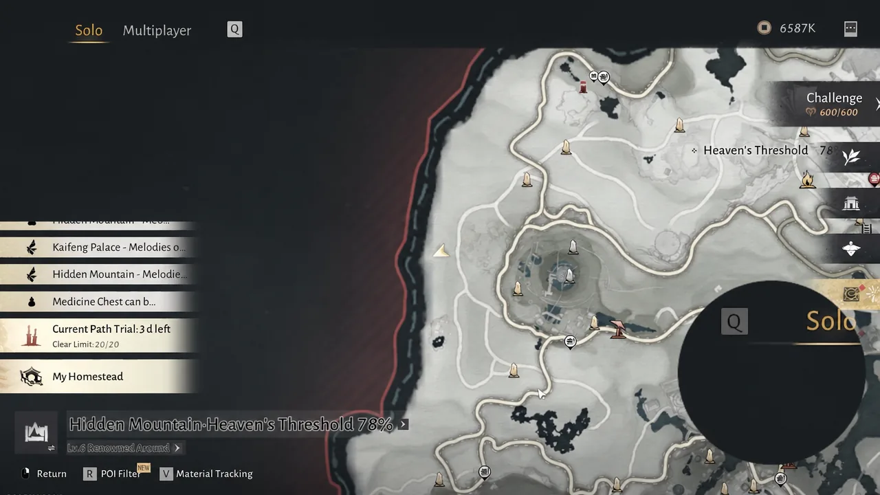 World Map showing Current Path Trial 3 left while viewing Hidden Mountain–Heaven’s Threshold at 78% completion