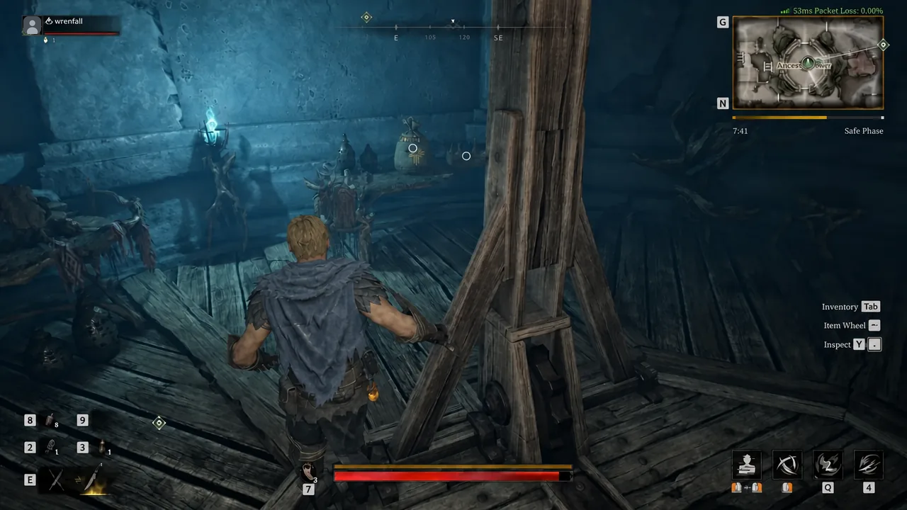 Shadowstrix exploring a wooden cavern in Hallowgrove Chaos with the inventory prompt visible