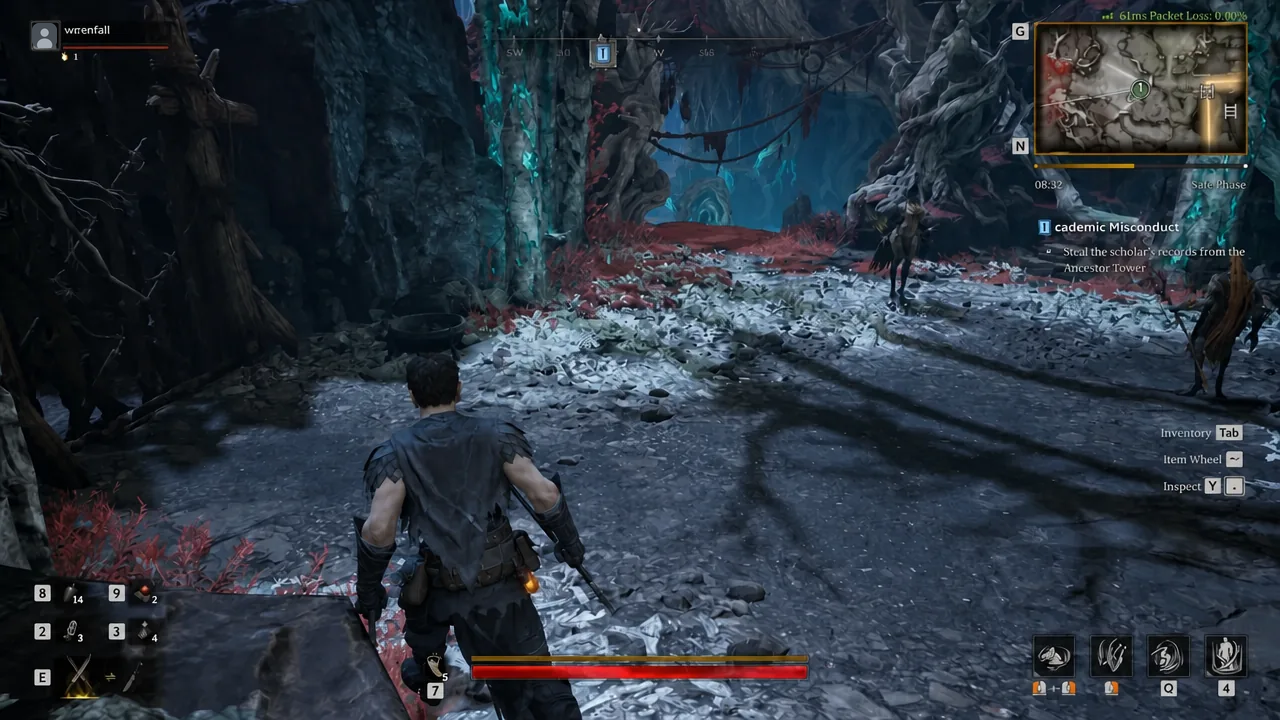 Player moving through Ancestor Tower with the Academic Misconduct objective tracker on screen