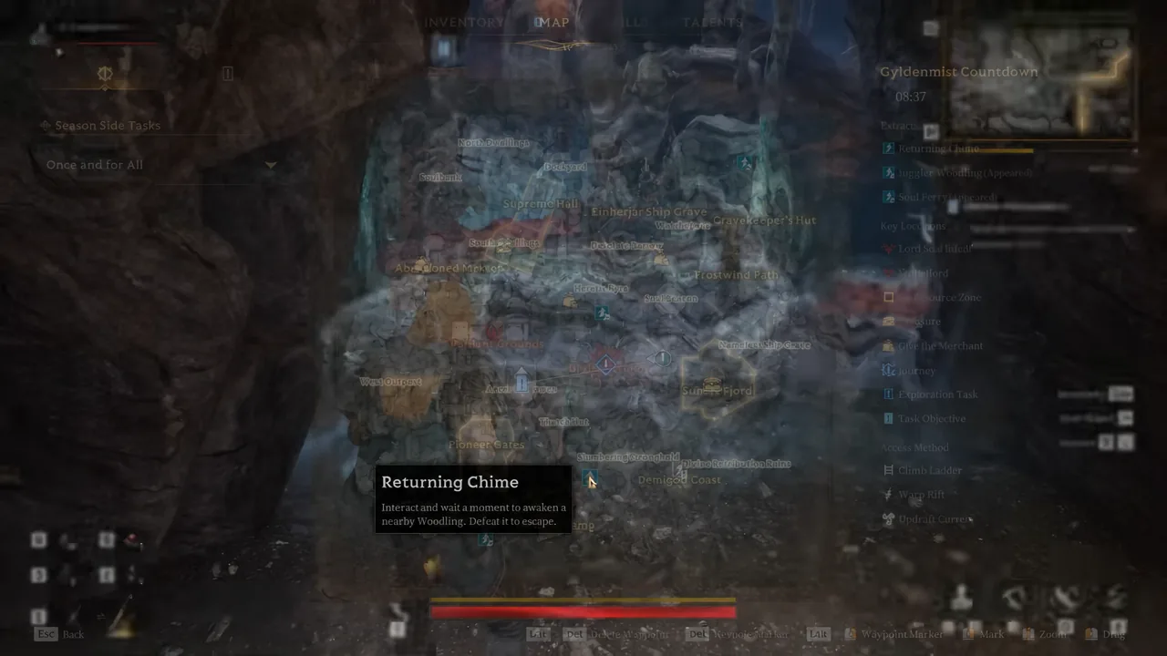 Map screen showing the Returning Chime extraction objective and its interaction prompt