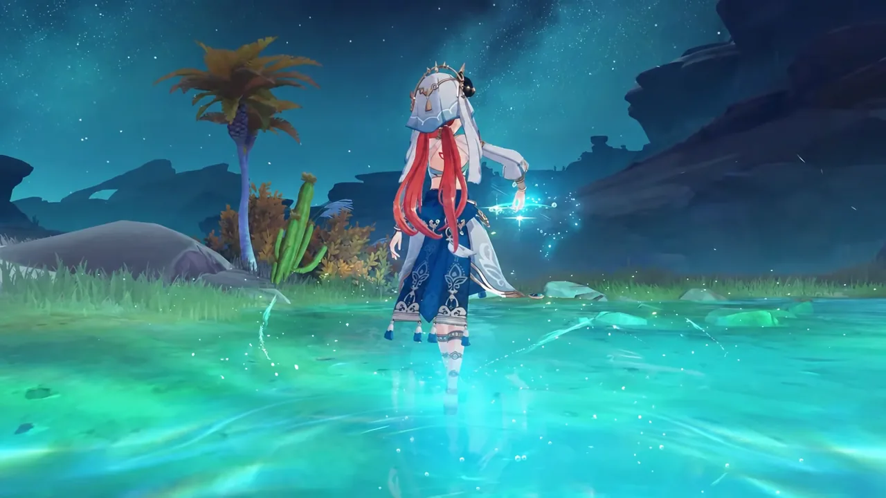 Character wading through shallow water while a glowing elemental effect activates around them