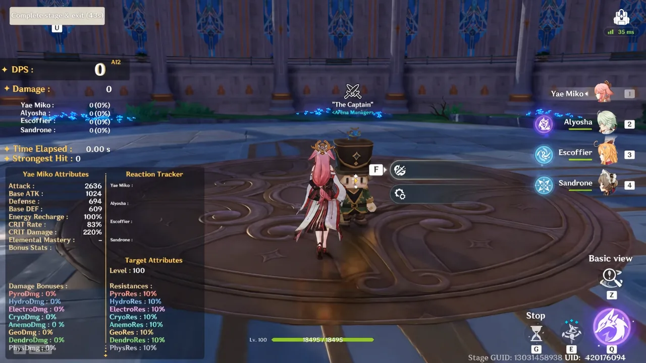 Genshin Impact arena screen with the F prompt highlighted to talk to The Captain, the Arena Manager