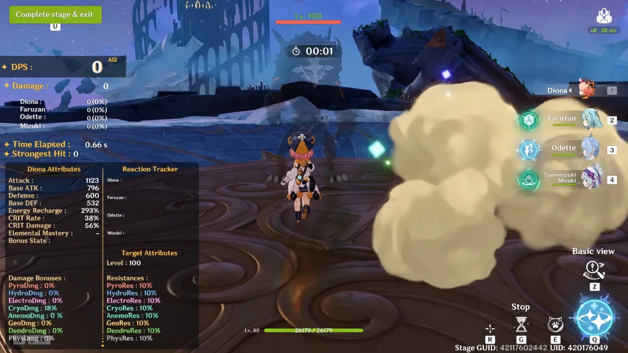 Combat stage with Diona attacking while the damage counter, timer, and party panel track the test