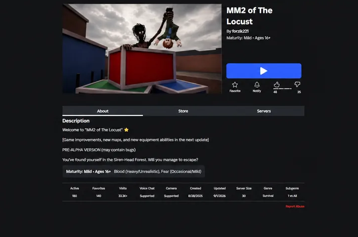 Roblox game page for MM2 of The Locust with the blue Play button highlighted