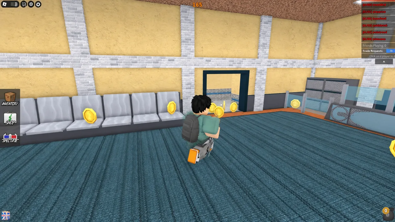 Player picking up gold coins with Inventory, Shop and Spectate buttons on the left of the screen