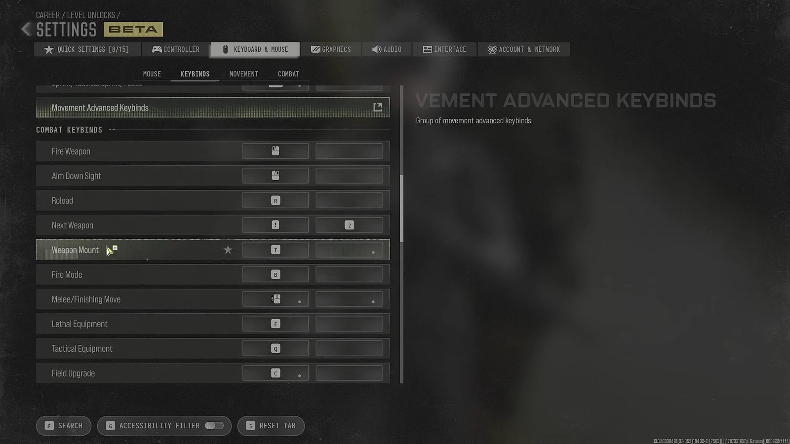 The Combat Keybinds screen where Weapon Mount and other combat keys are rebound.