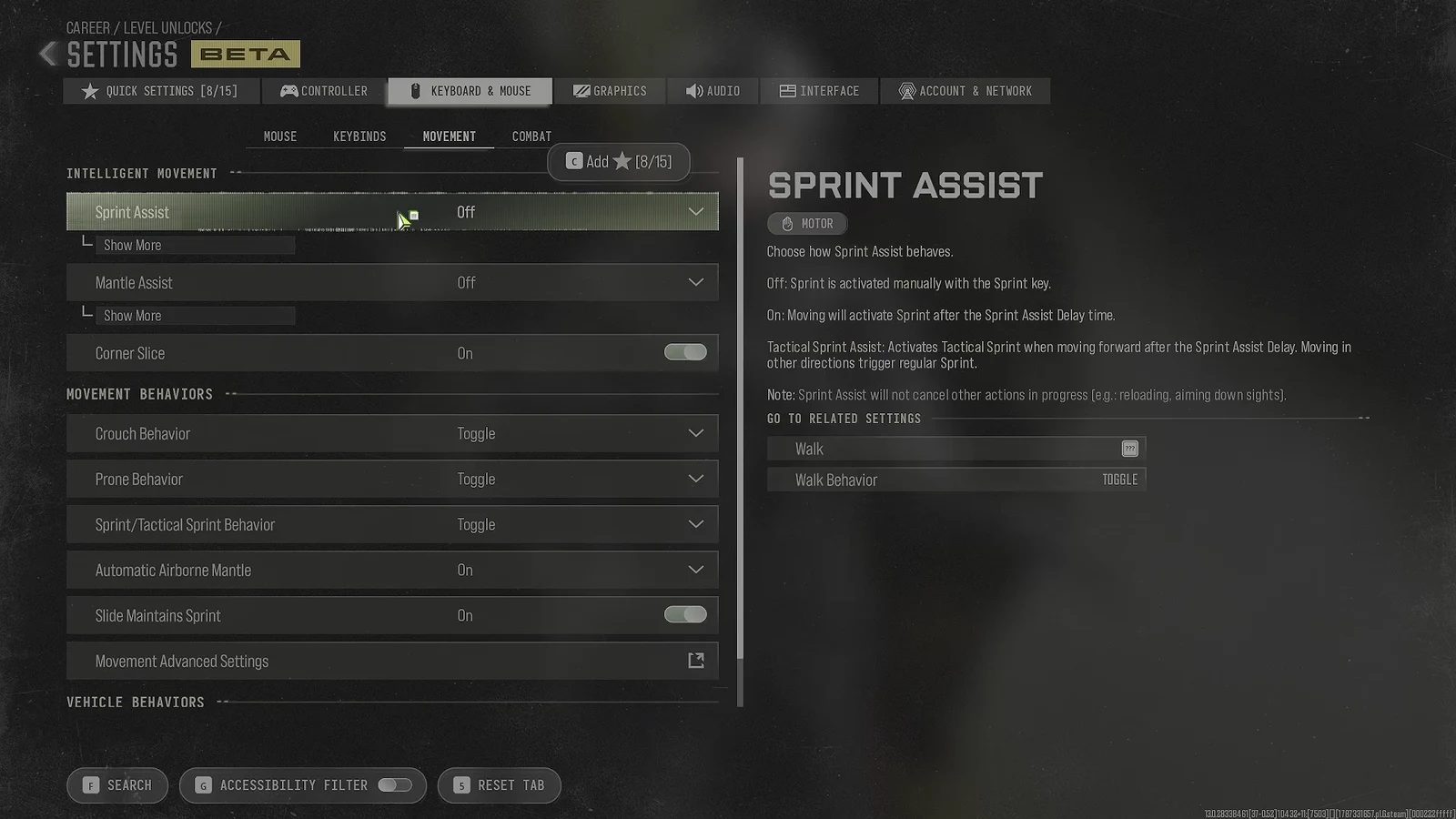 The Movement subtab with Sprint Assist set to Off.