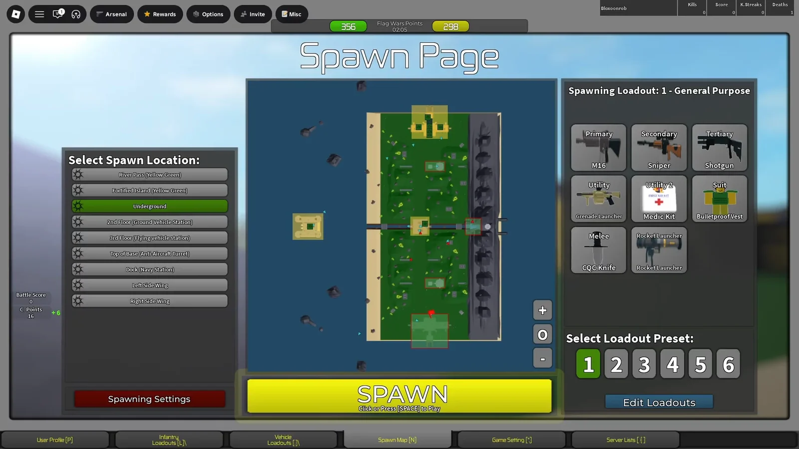 Spawn and loadout menu
