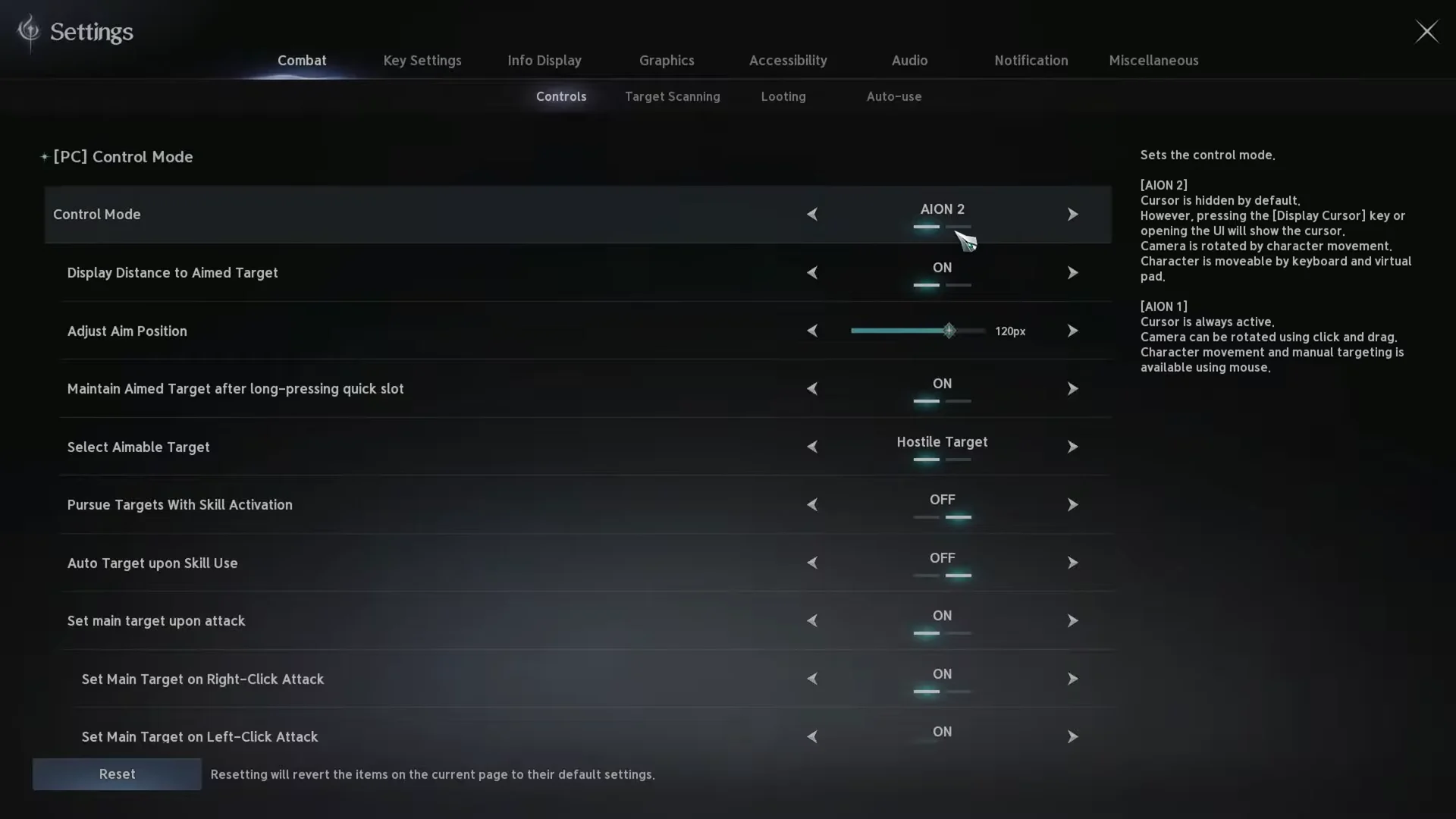 Control Modes in Combat Tab