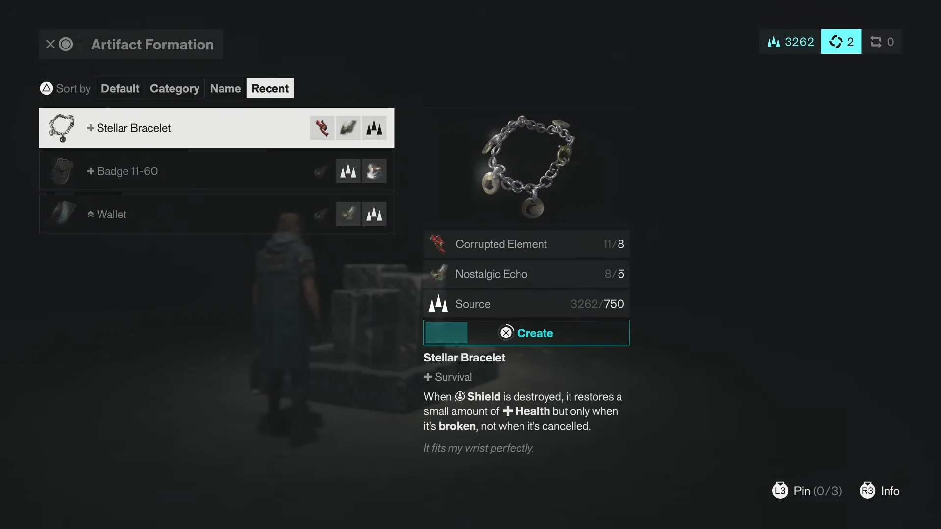 Artifact Formation menu