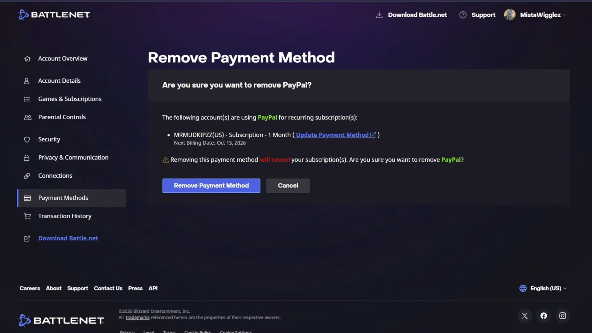 Attempting Payment Method Removal
