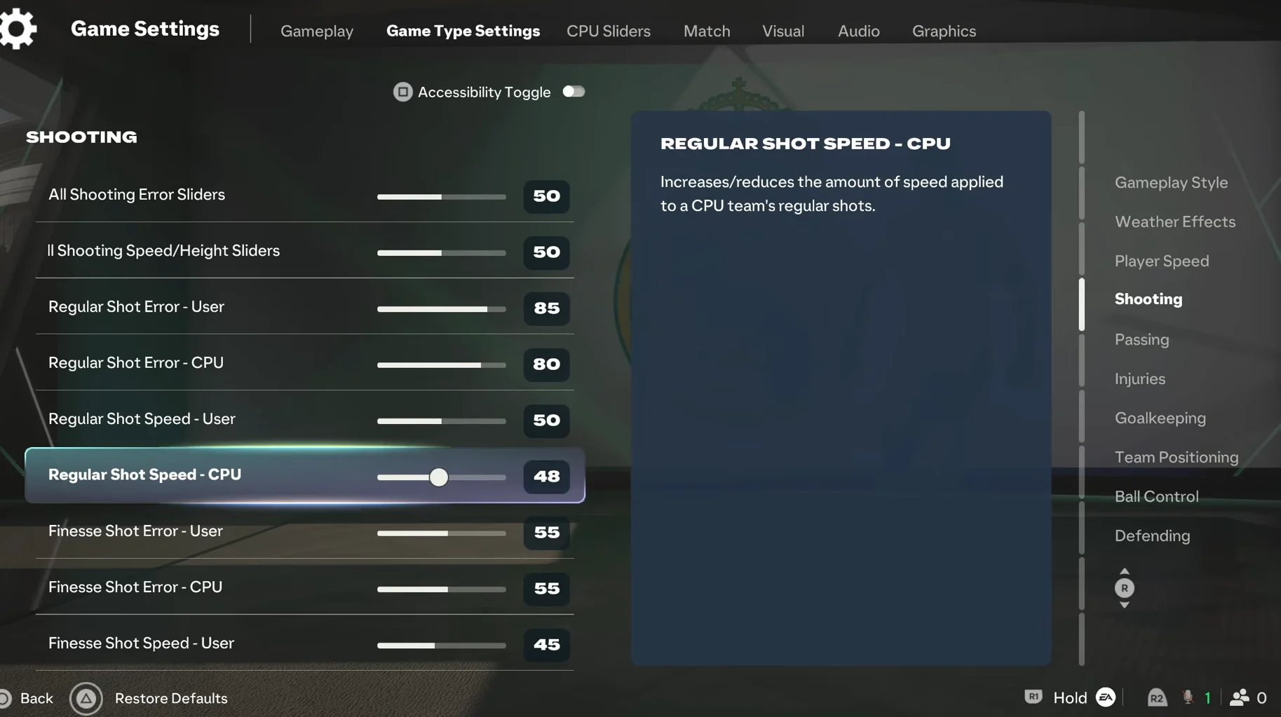 Adjusting Shooting sliders