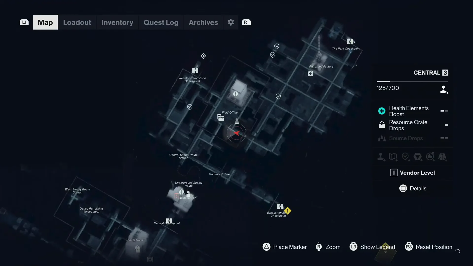 The Central 3 map open, showing field offices, objectives, and the Evacuation Checkpoint marker