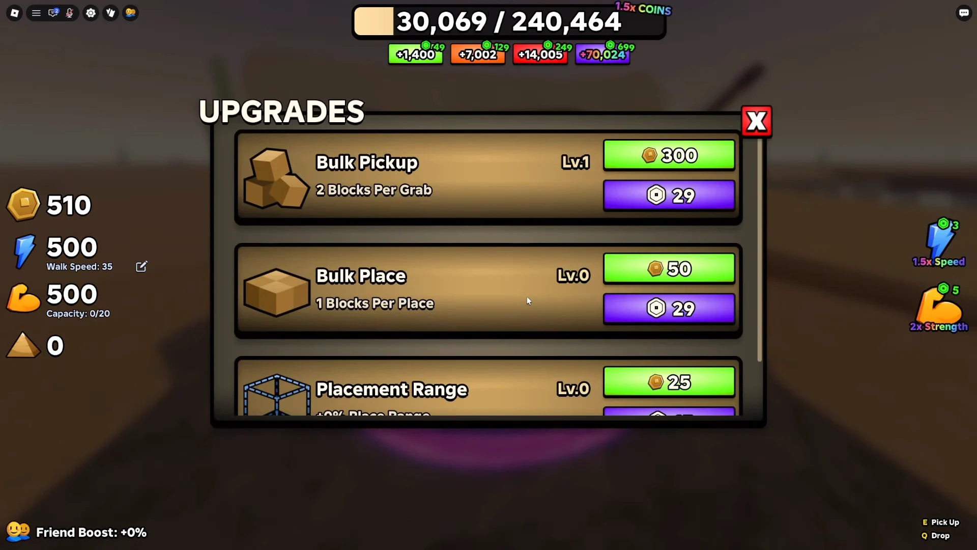 Upgrades menu purchases