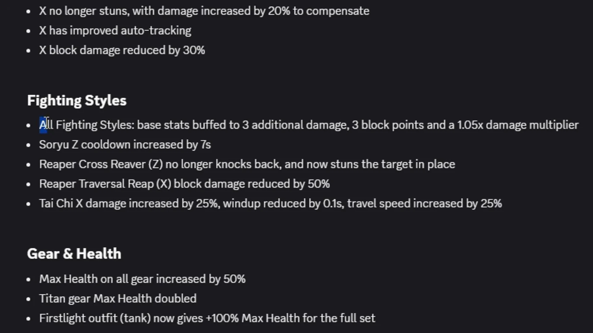 Patch Notes: Fighting Styles