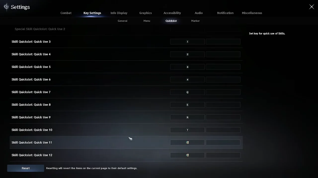 Quickslot key settings
