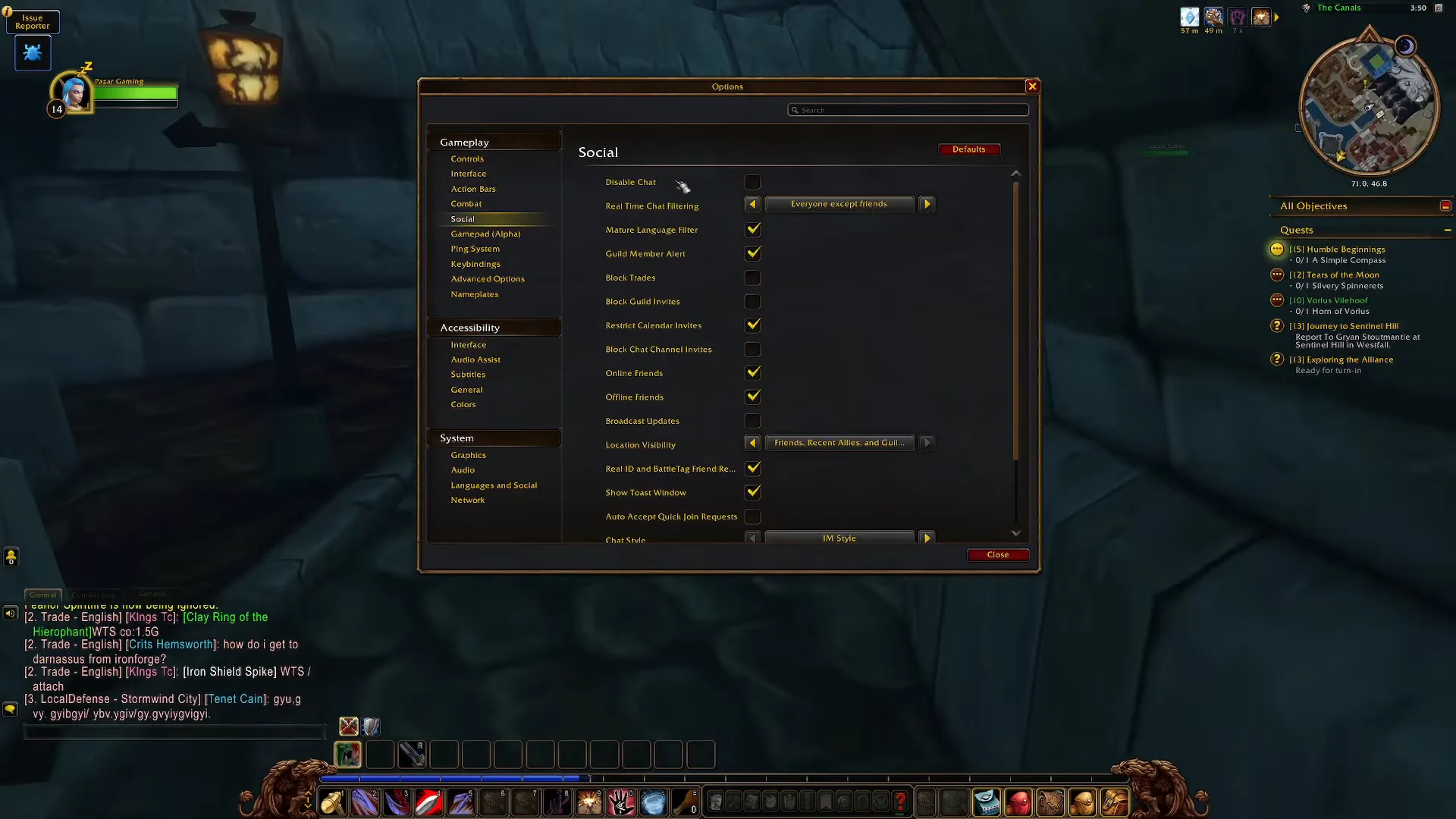 Social Settings Menu