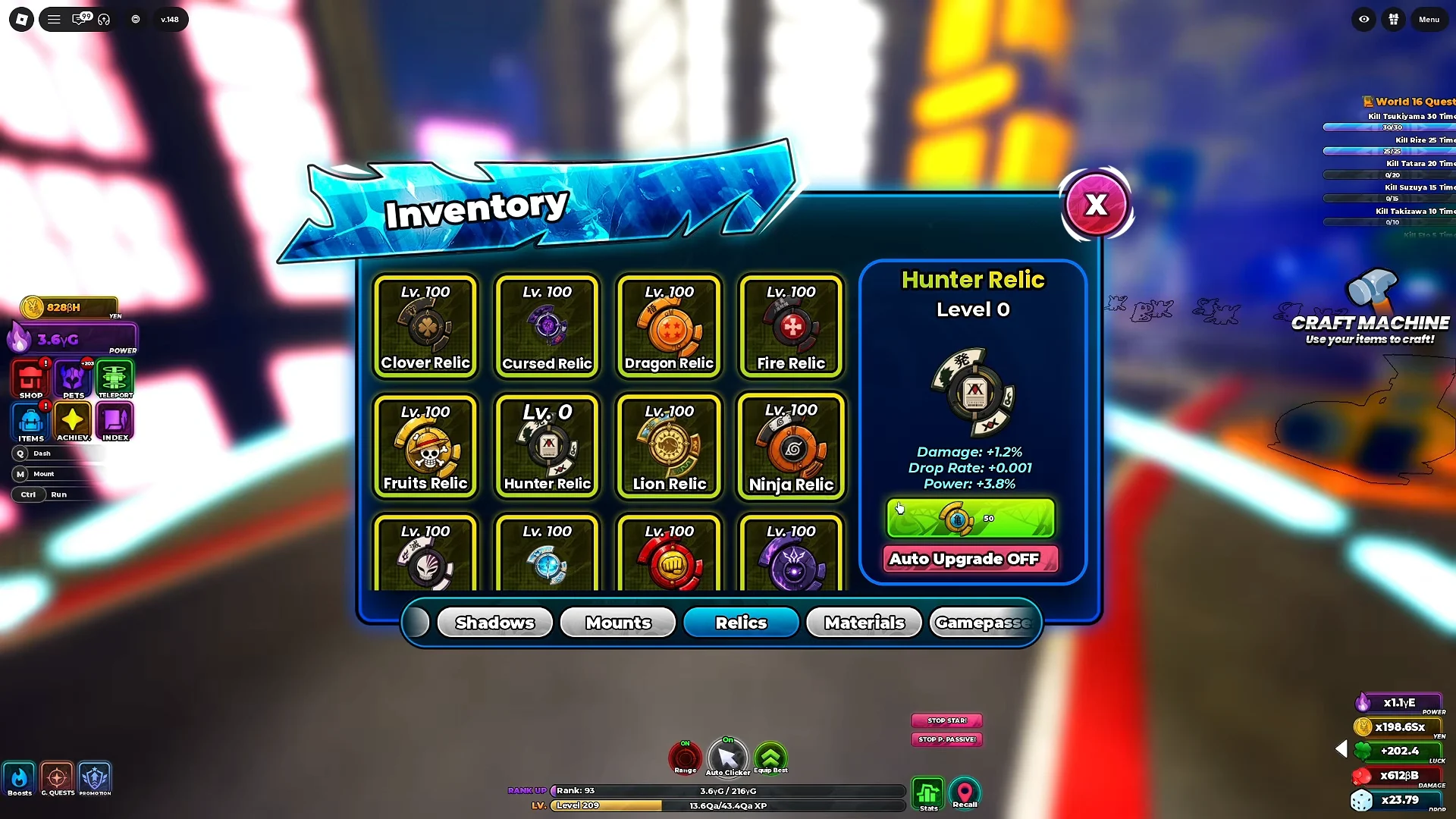 Upgrading inventory relics (Slime and Hunter relics).