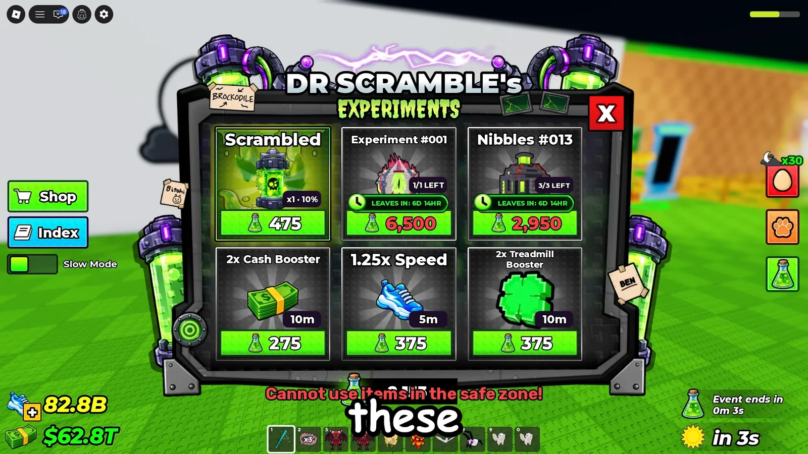 Event ends & Dr. Scramble's Experiments shop