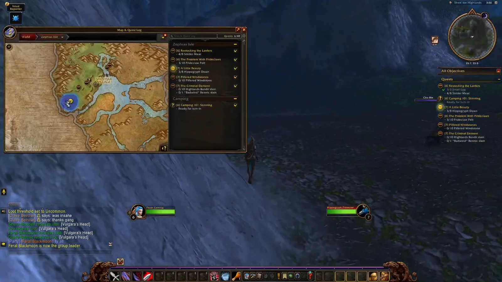 The player opens the in-game map to display their exact location in Darkshore…