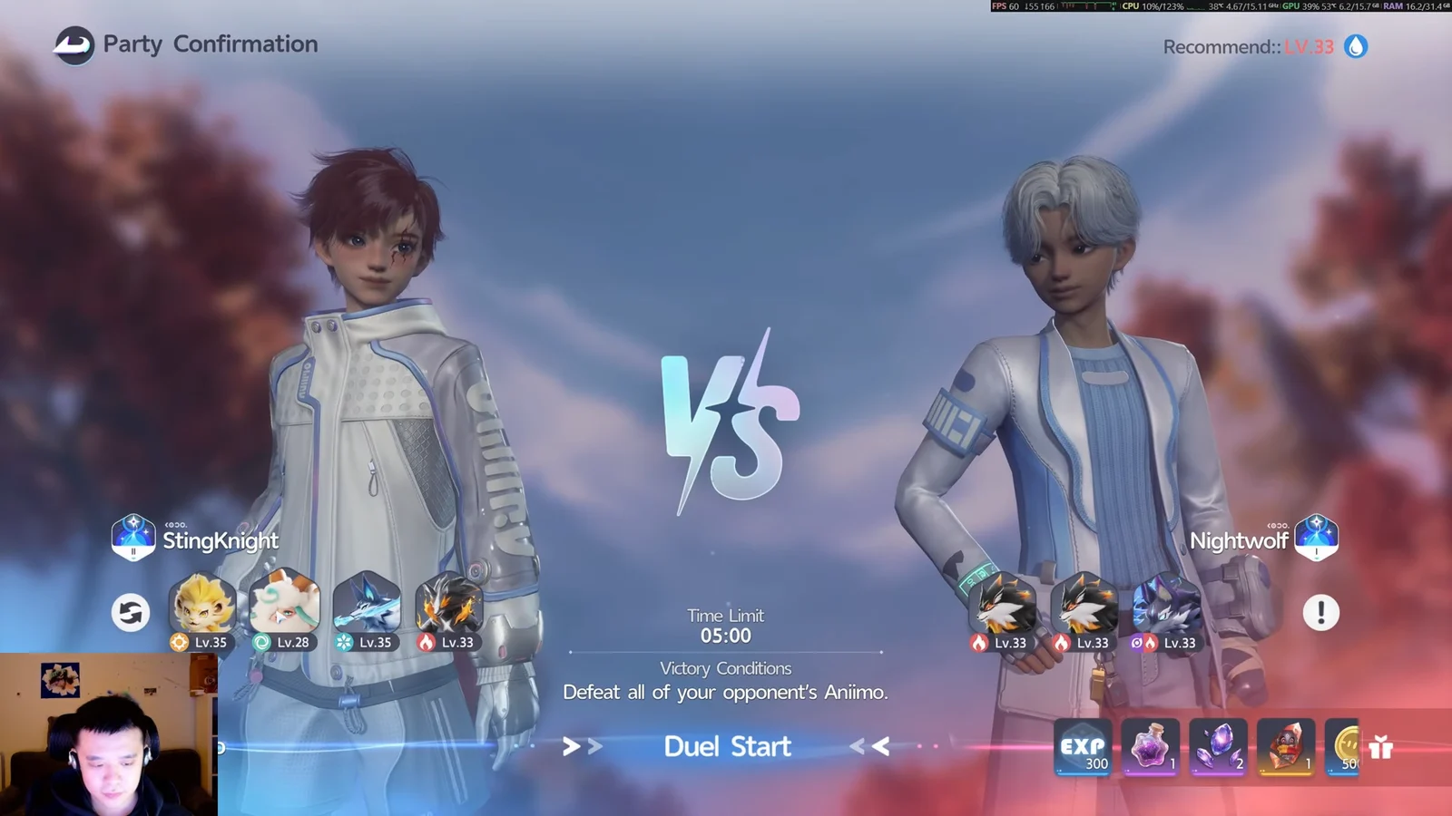 Party Confirmation screen for the duel between StingKnight (Student) and…