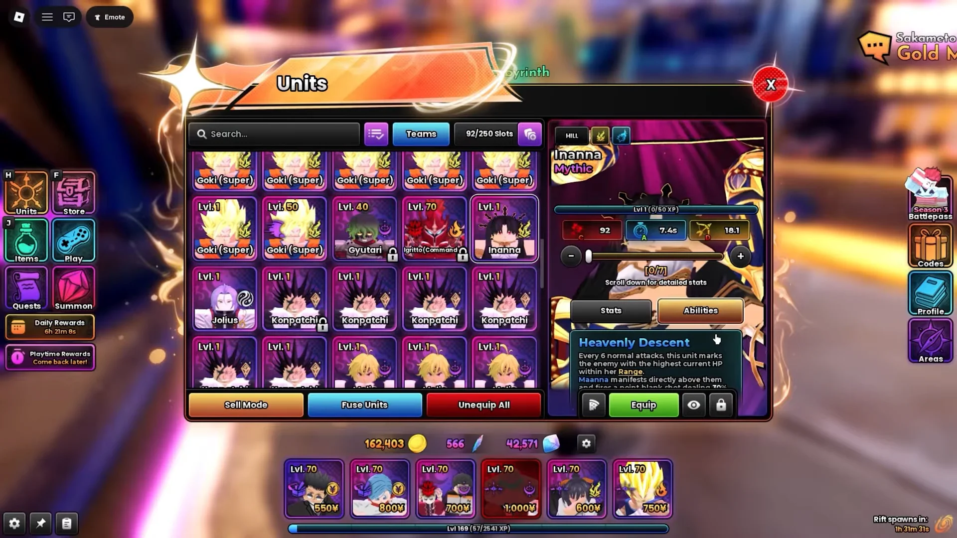 Reviewing Inanna in Units Menu