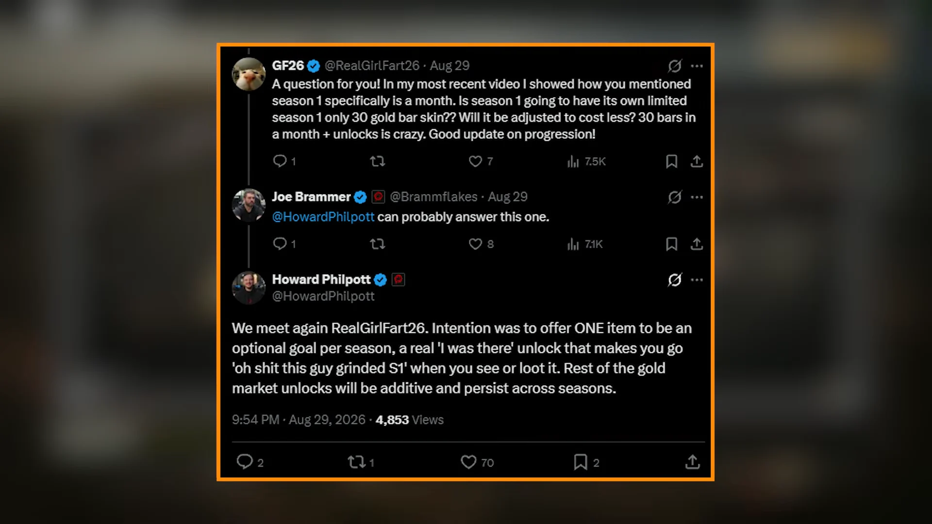 Developer confirmation on season exclusive