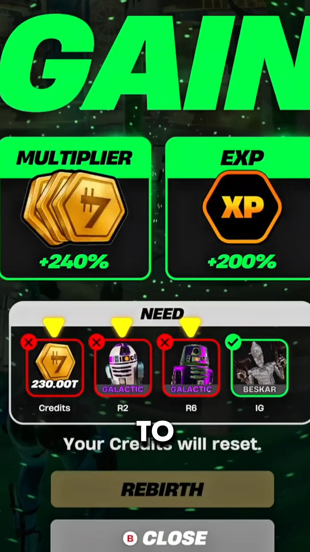 Rebirth requirement menu