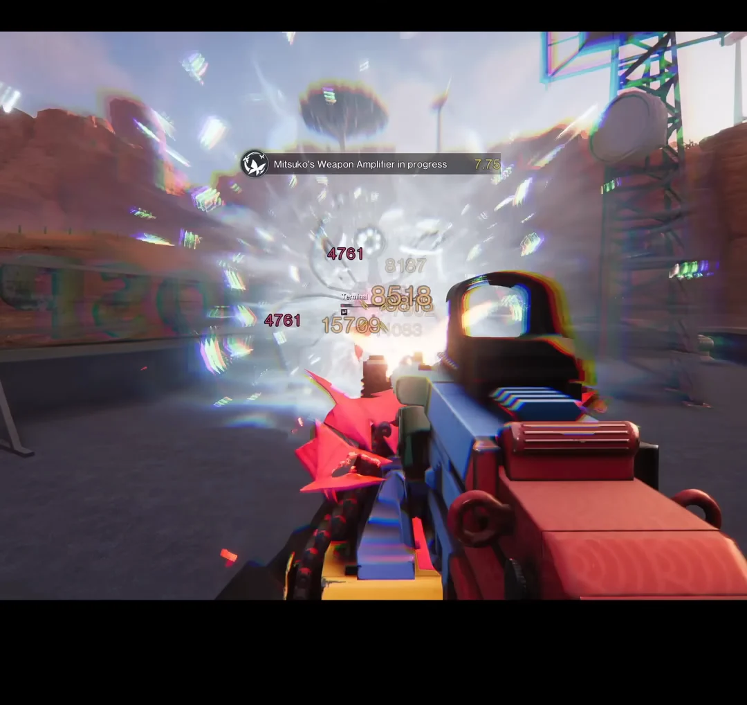 The enemy exposes its weak point, a glowing blue computer monitor terminal