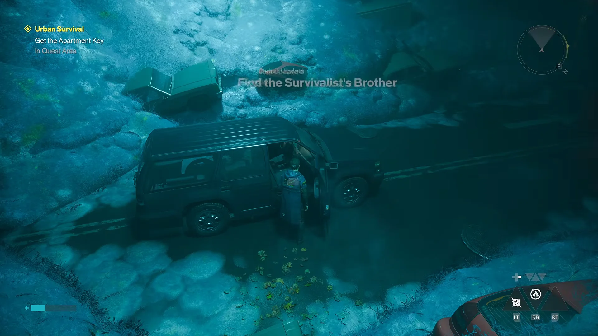Dylan next to a black SUV in a blue-lit frozen tunnel, unlocking it for the apartment key