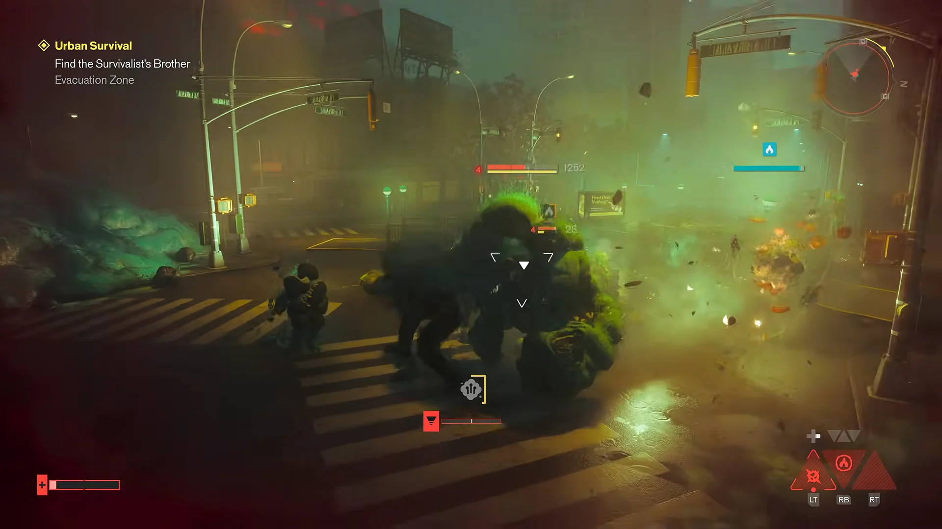 A large toxic Mold creature fighting on a city road surrounded by fire and debris