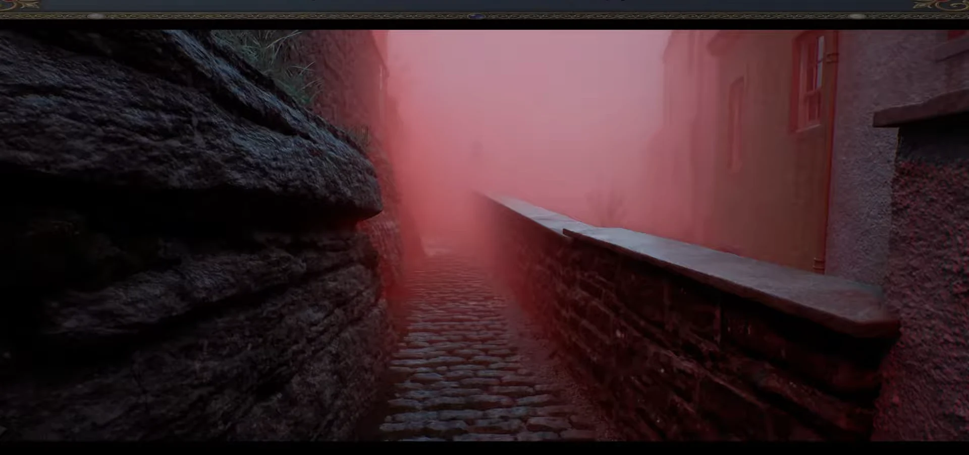 Ascending red-lit alley