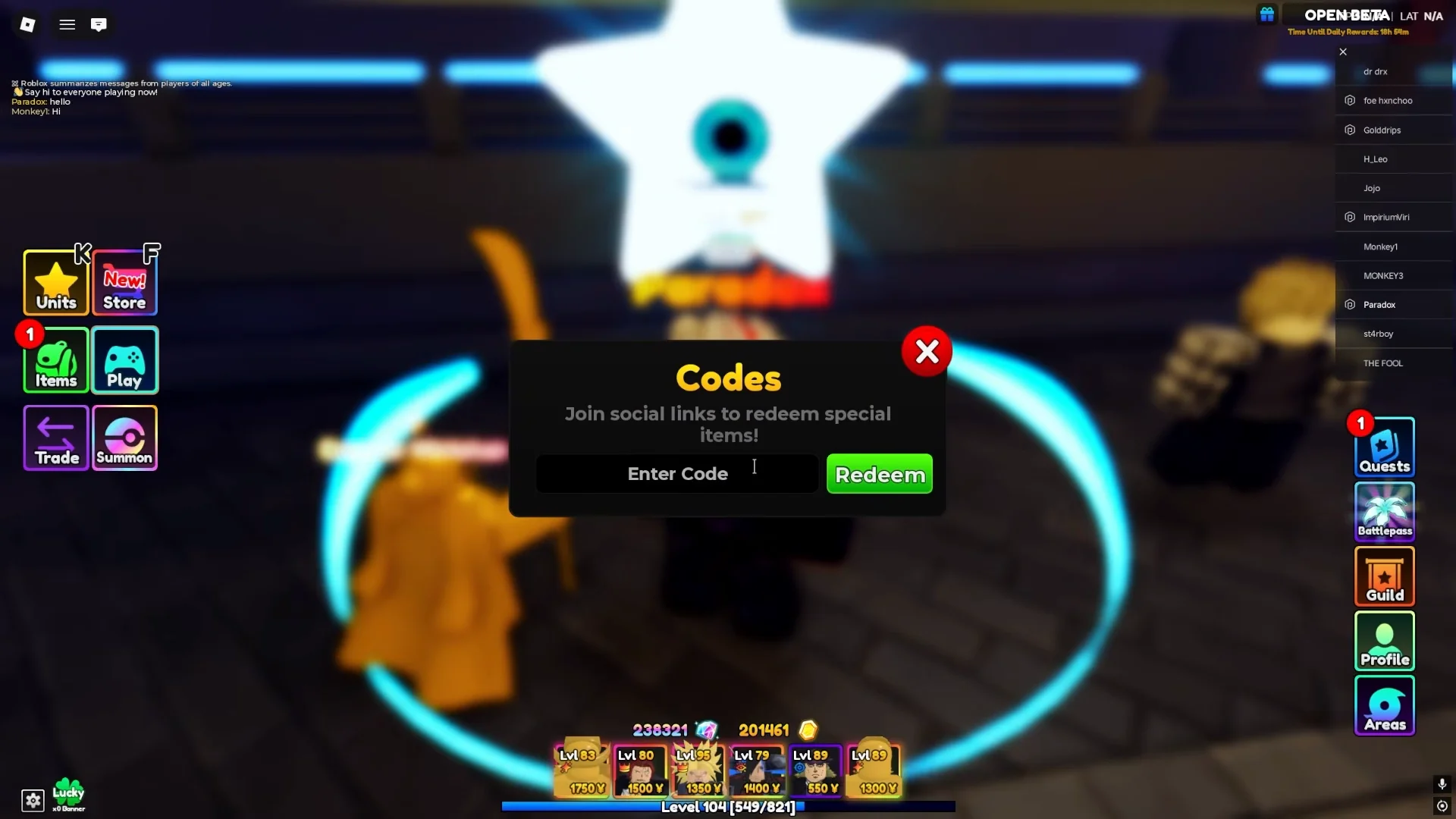 Redeeming Codes in Lobby