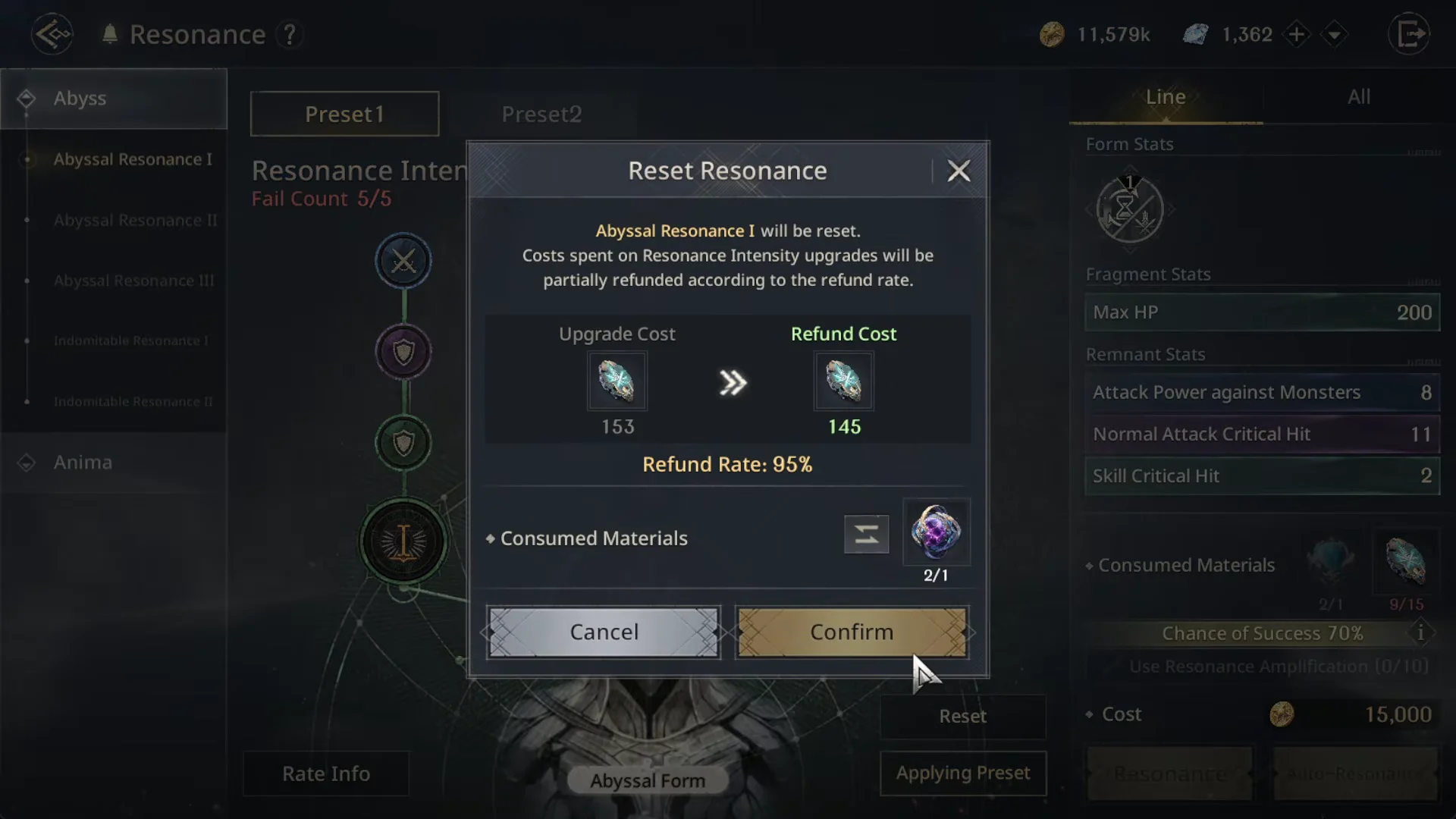 Resetting Preset 1 for Material Refund