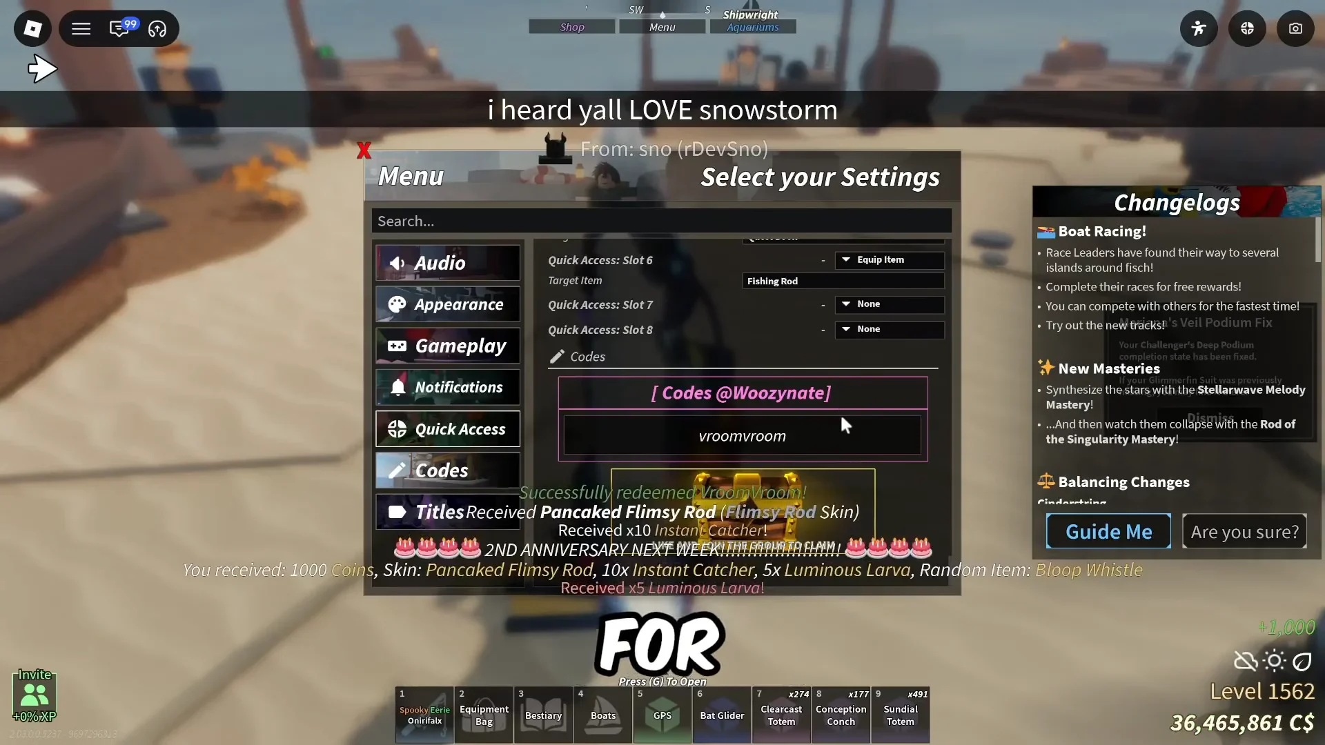 Singularity Rod Fisch Boat Racing Update: New VroomVroom Code, Masteries, and Buffs