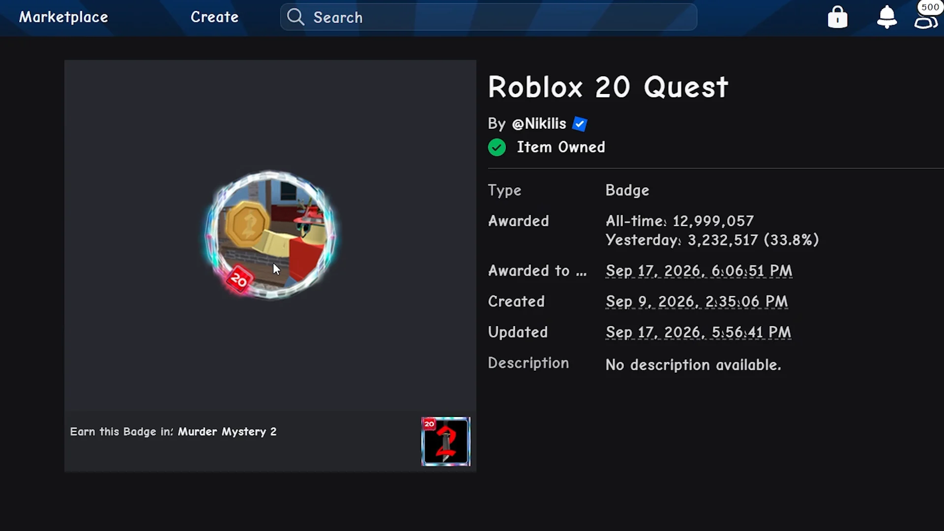 Roblox 20 Quest Badge Page