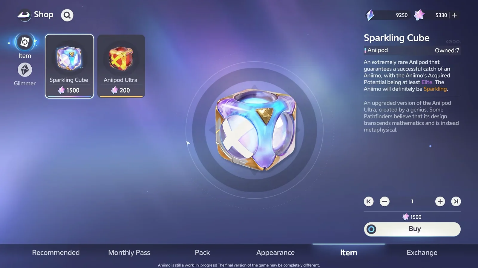 Item Tab and Glimmer Shop